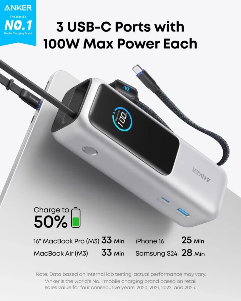 Anker Laptop Powerbank Silver (25.000mAh, 165W) powerbank met hoog vermogen