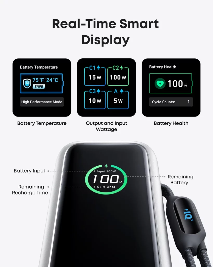 Anker Laptop Powerbank Silver (25.000mAh, 165W) smart display