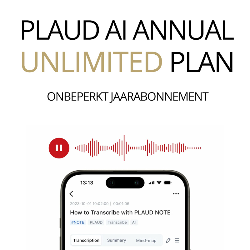 PLAUD AI Annual Unlimited Plan - Onbeperkt AI Abonnement voor Plaud Note en Plaud NotePin